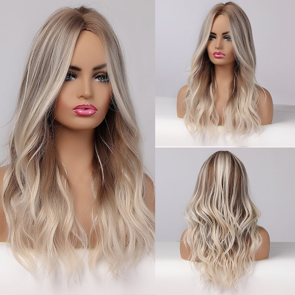 Brown to Light Blonde Ombre Platinum Synthetic Wig for Women Long Wavy Middle Part Hair Wig Cosplay Natural Heat Resistant