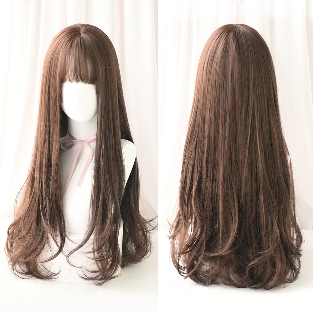 Long Curly Hair Women Wig with Bangs Daily Brown Black Pink Lolita Cosplay Braided Wigs Heat Resistant Fiber