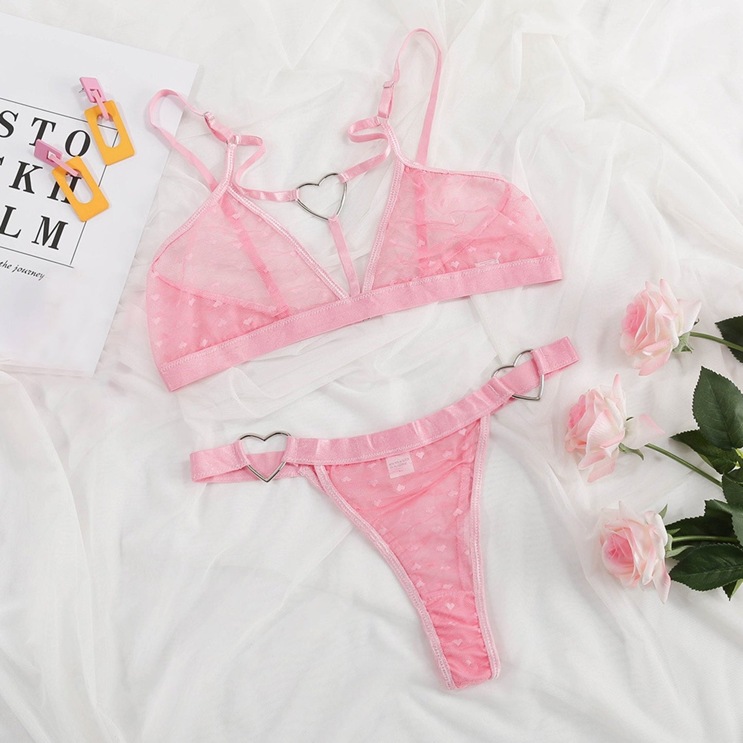 Women Lace Sensual Lingerie Set Sexy Dot Thong Erotic Underwear Mesh See Through Heart Ring Bra Bandage G-string Panties Suit