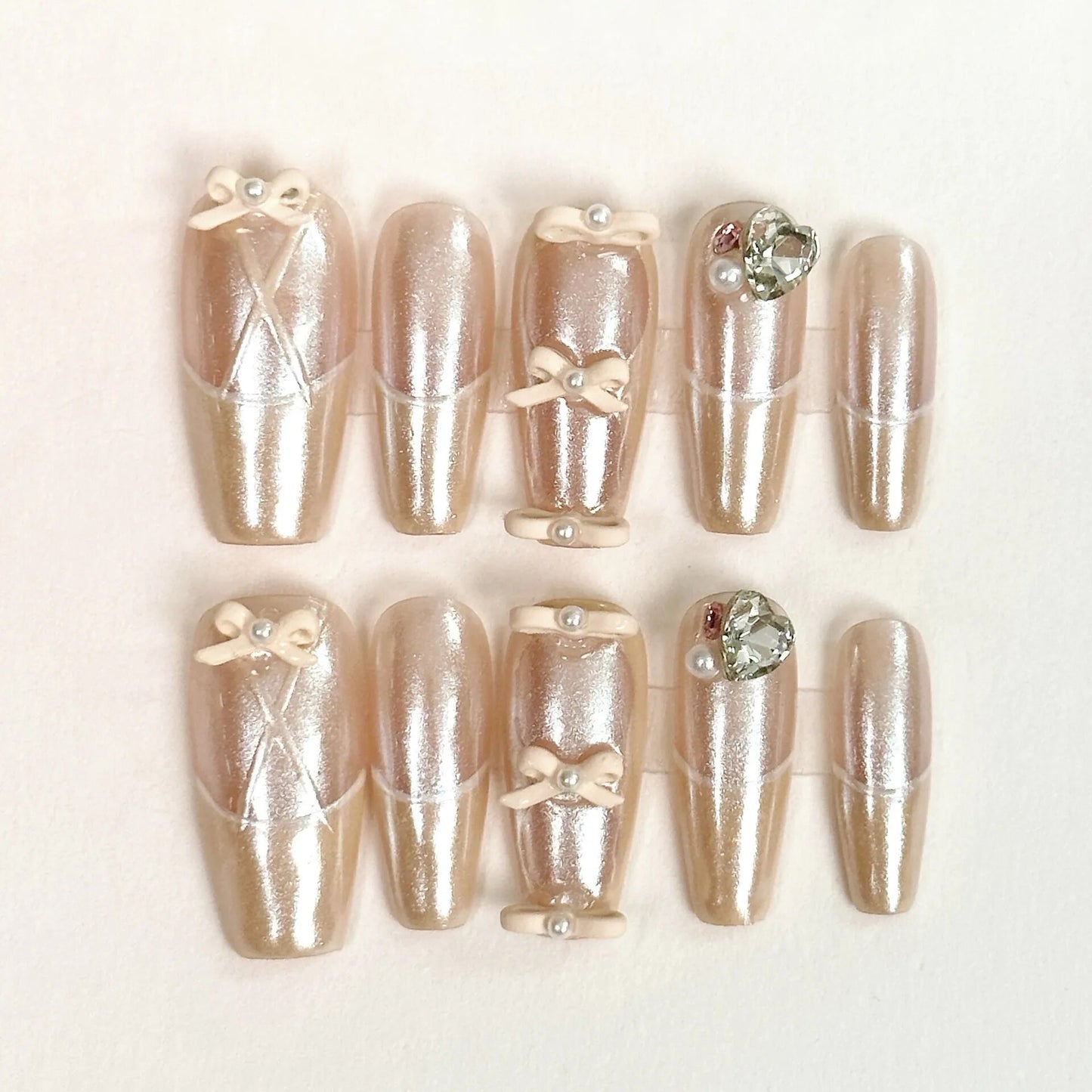 10 Piece For Set White Bow French Style fake nail patch Fairy Dreamy Cute Long T False Nail Art Finished Press On Wearable Nail