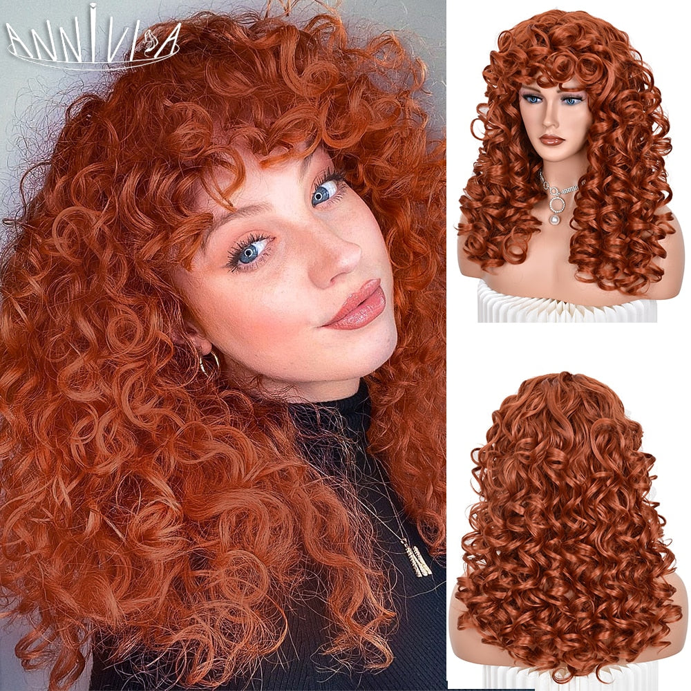 Red Brown Curly wigs with Bangs Natural Synthetic Long Wavy Wigs for Women Afro Cosplay Daily Heat Resistant Hair Wig