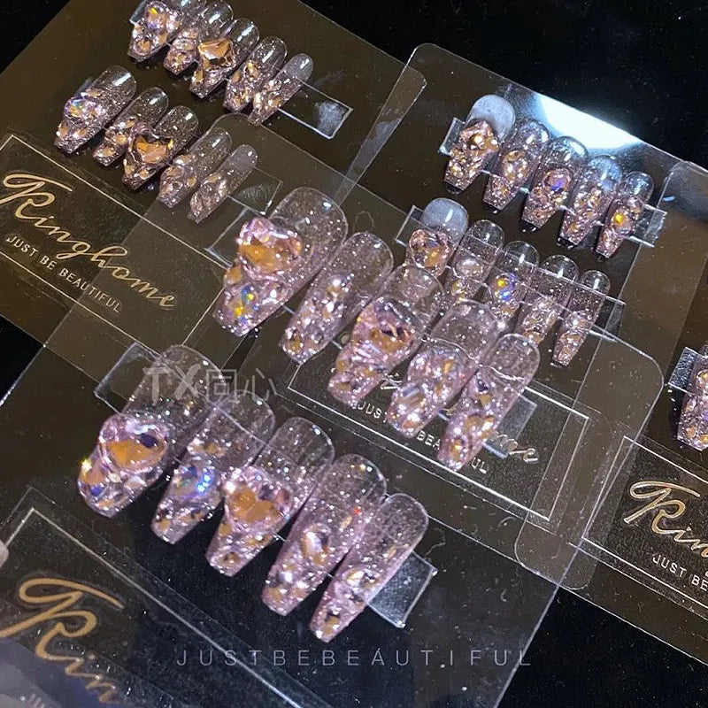 Ice Through Sparkle Pink Rhinestones Fake Nail Patch Handmade Manicure Japanese Style Three-Dimensional Decoration Nail Tips