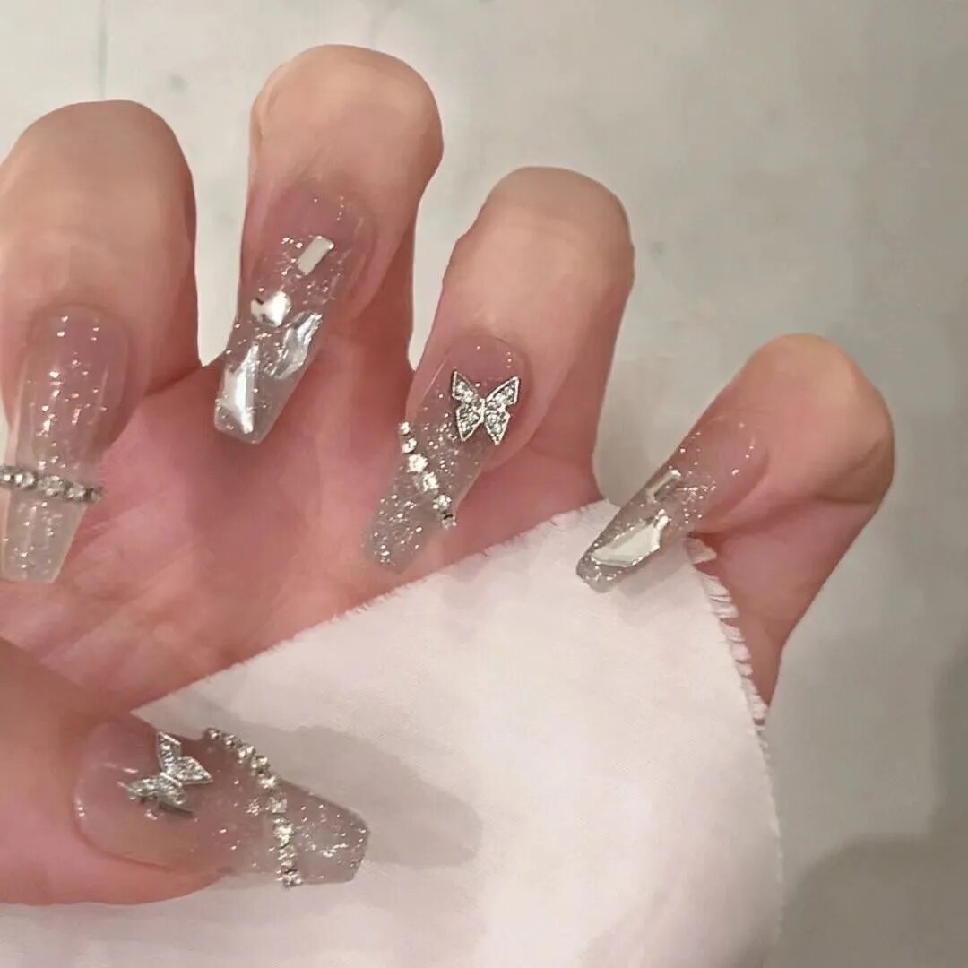 Medium Length Fake Nails 3D Flower Pearl Designs Nude Pink Color Press on Nails Ballerina False Nails for Women DIY Manicure