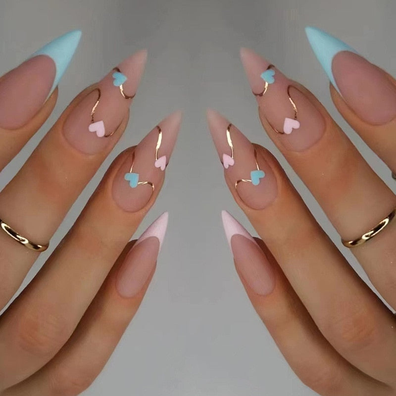 24pcs Almond Full Cover y2k black Sweet Fake Nails with glue cool Stiletto press on nails French artificial Nails With designs