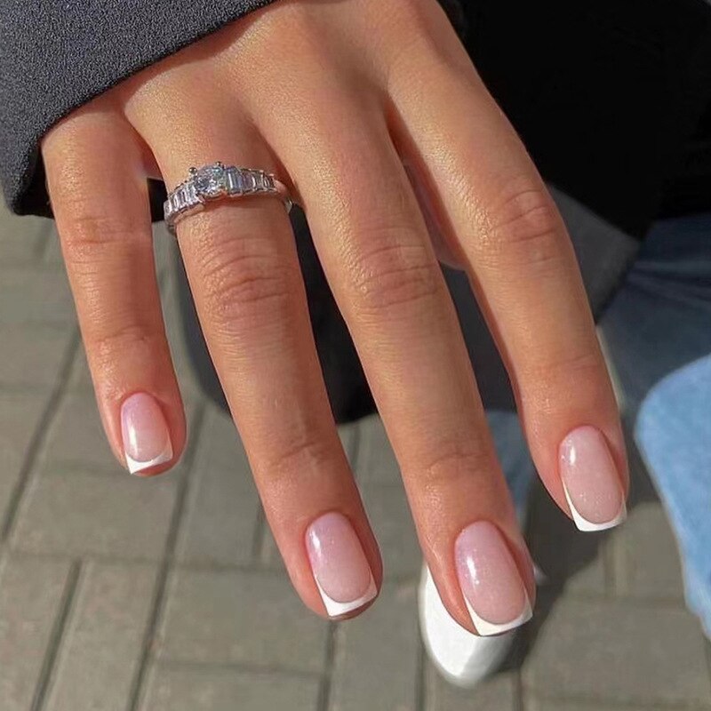 24pcs pink clouds design false nails with glue press on nails medium length acrylic nails coffin full cover nails tips supplies