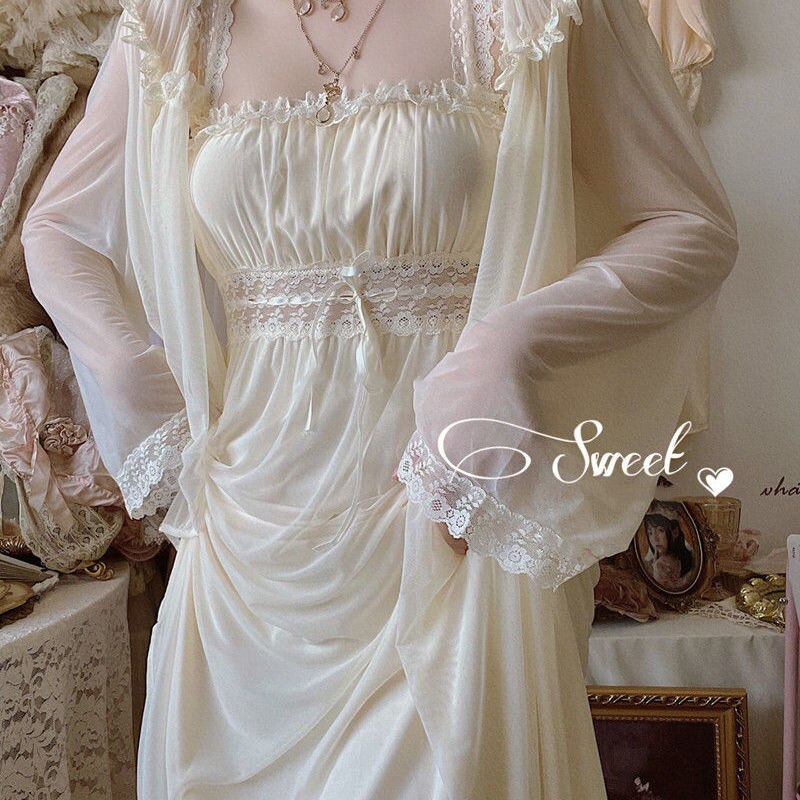 2pcs Nightgown Women Lace Mesh Princess Nightdress Vintage Retro Lady French Royal Court Style Summer Pajama Nightwear Sleepwear