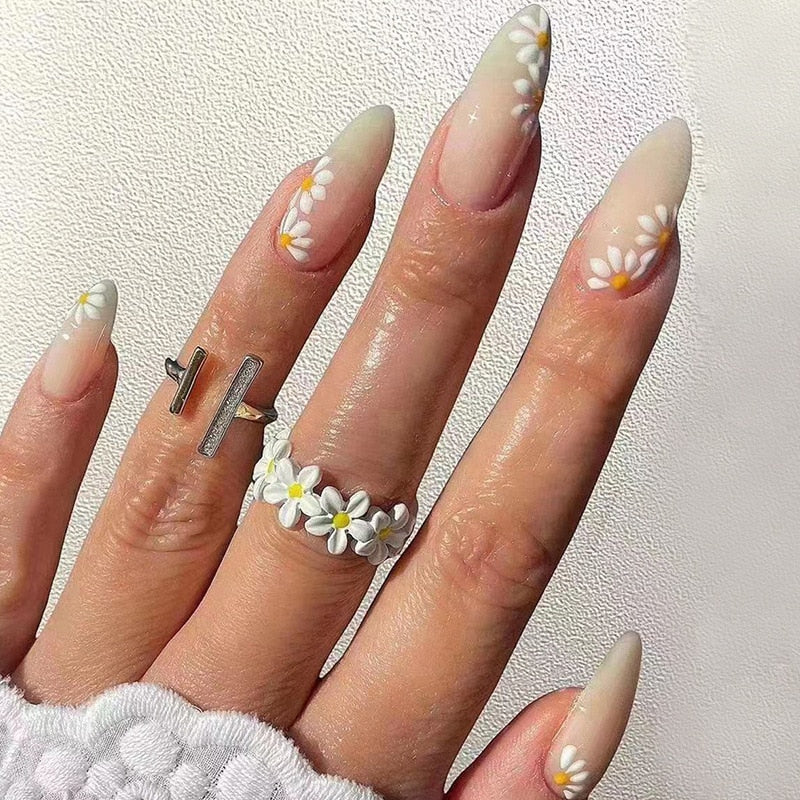 24pcs Almond Full Cover y2k black Sweet Fake Nails with glue cool Stiletto press on nails French artificial Nails With designs