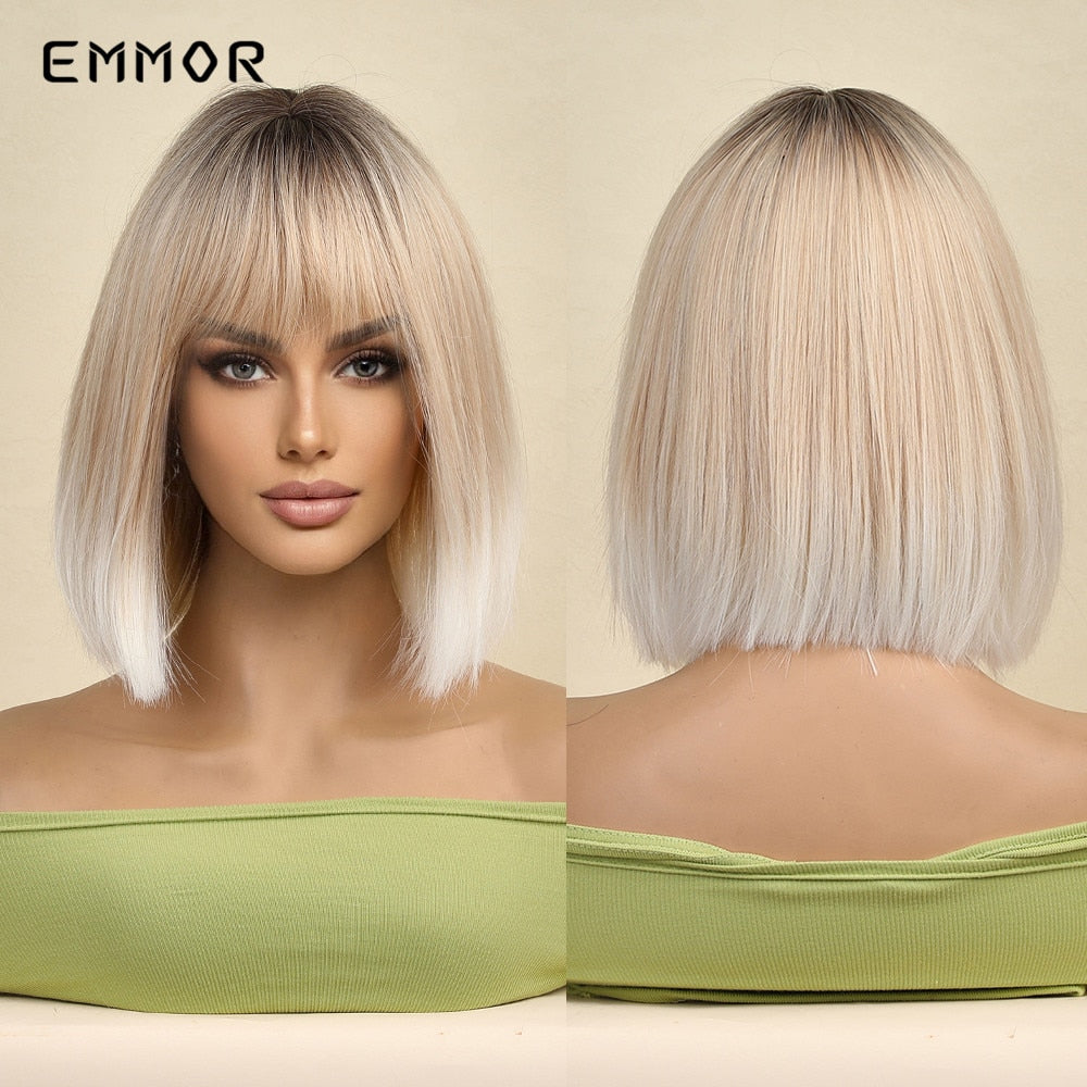 Synthetic Ombre brown to Light Blonde Hair Wig with Bangs Natural Wavy Wig for Women Cosplay Heat Resistant Fiber Wigs