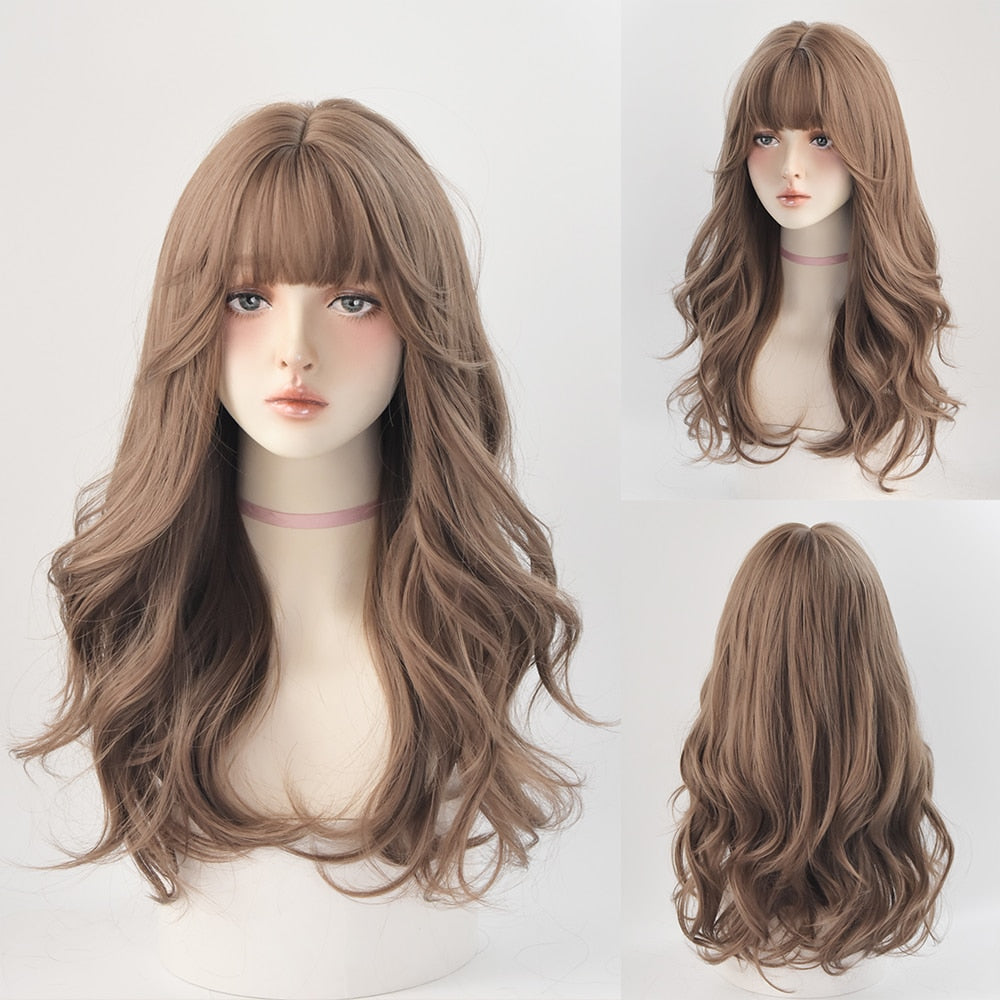 Long Curly Hair Women Wig with Bangs Daily Brown Black Pink Lolita Cosplay Braided Wigs Heat Resistant Fiber
