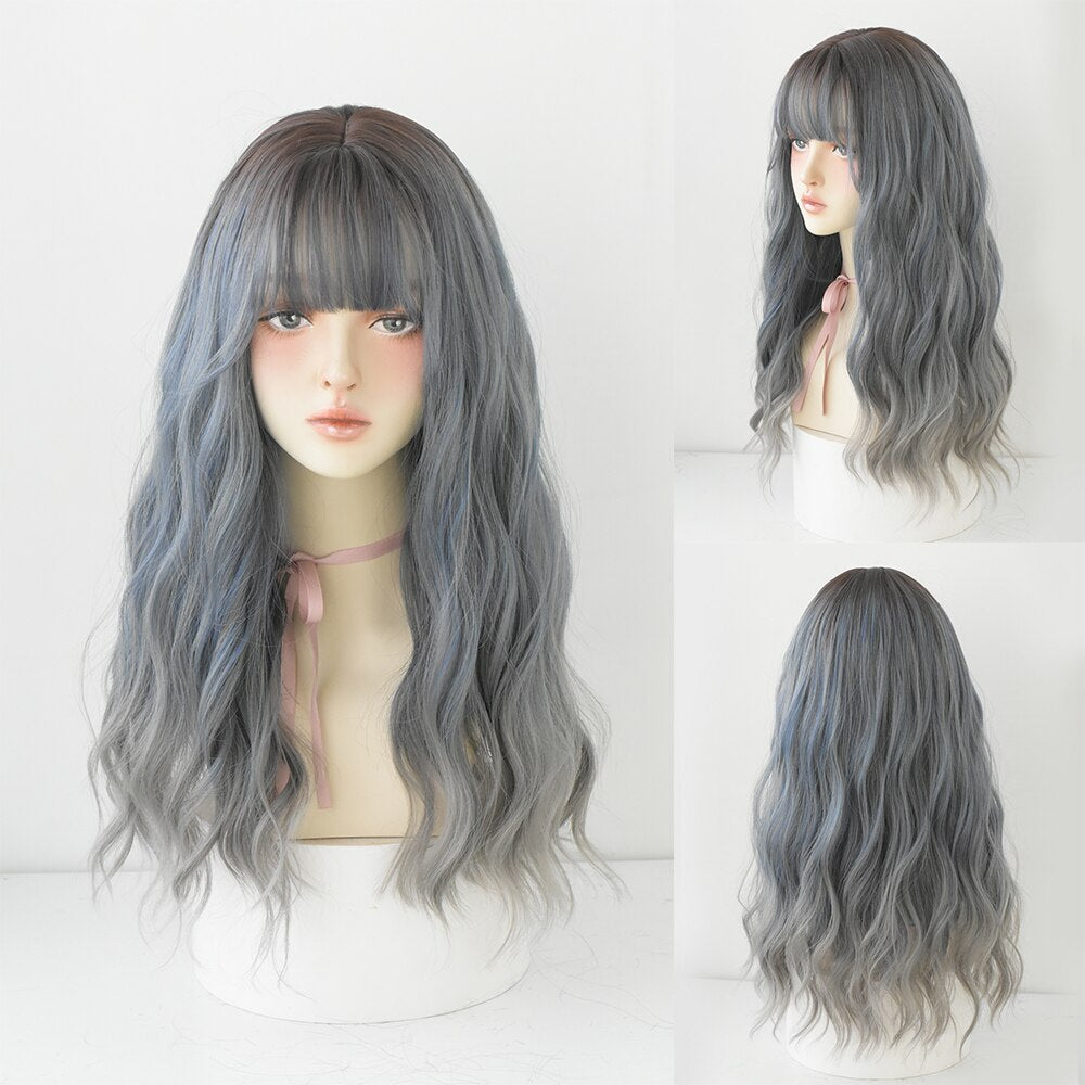 Long Curly Hair Women Wig with Bangs Daily Brown Black Pink Lolita Cosplay Braided Wigs Heat Resistant Fiber