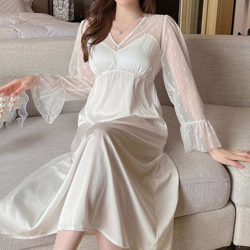 Nightgown Women Sexy Satin Silk Lace Long Sleeve Night Dress Palace Vintage Sleepdress Loose Sleepwear Homewear Home Dresses