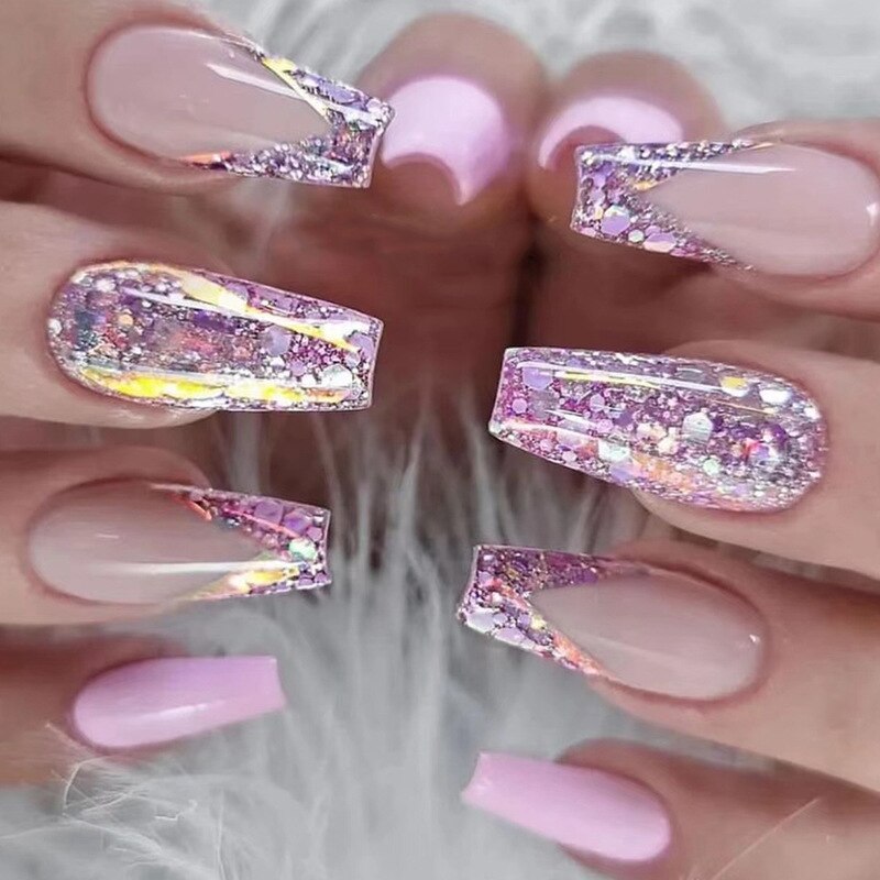 24Pcs Wearable False Nails with glue Long Ballerina Pink Press On Nails French Full Cover Coffin Fake Nails tip with rhinestones