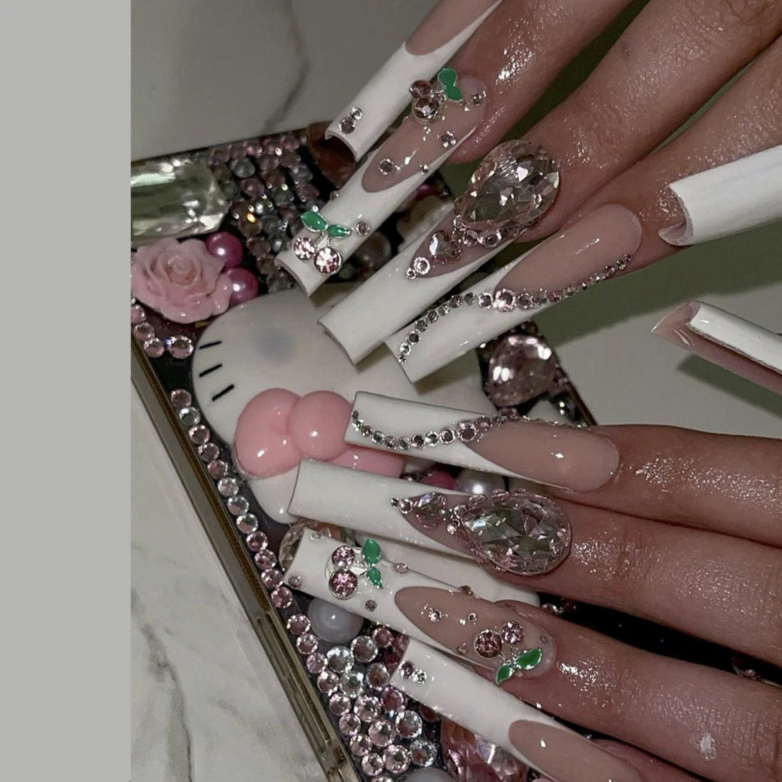24pcs French rhinstones artifical nails with glue full cover false nails detachable coffin fake nail bling press on nails XLong