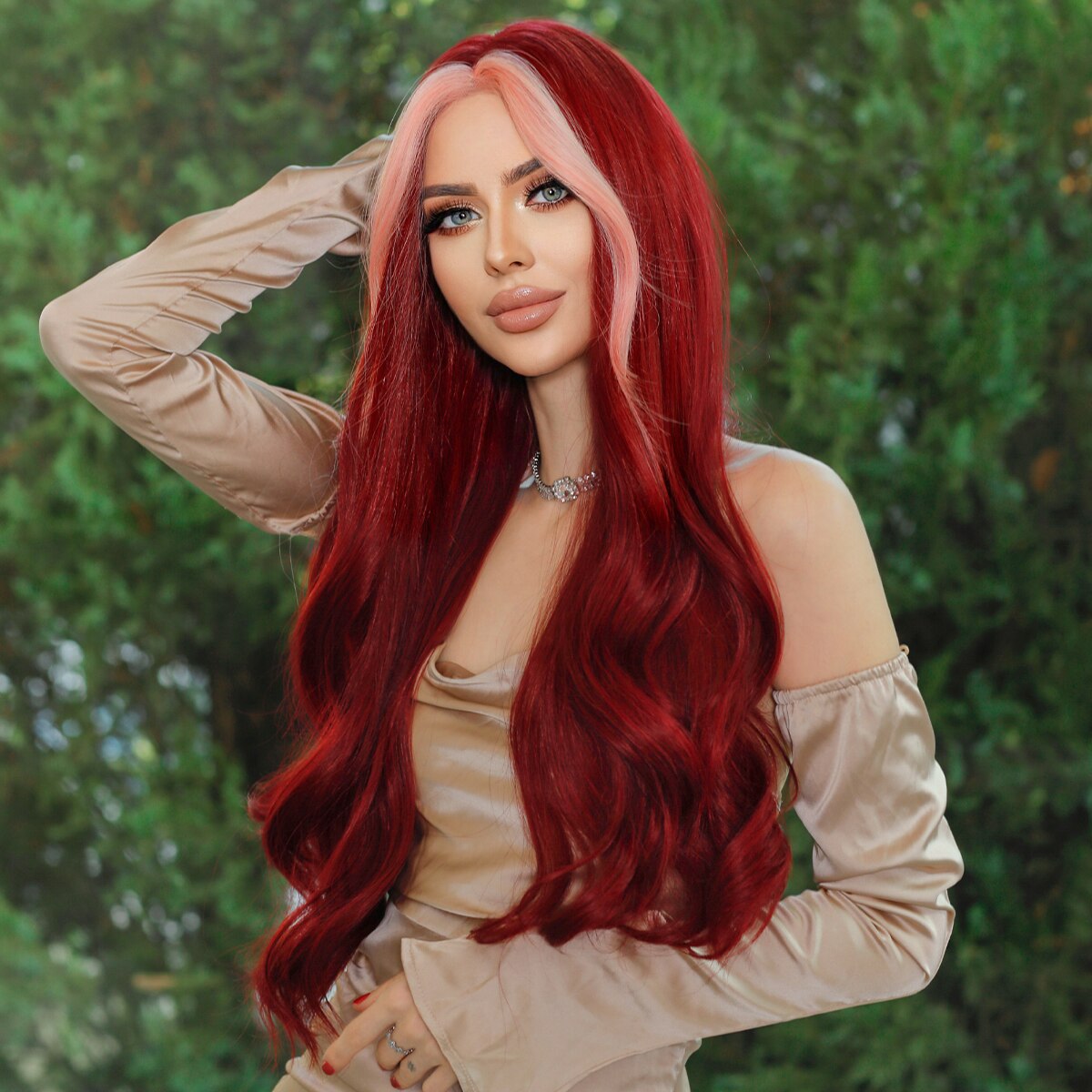 Long Wavy Middle Part Wine Red Wig for Women Daily Cosplay Party Synthetic Highlight Pink Hair Wigs Lolita Heat Resistant