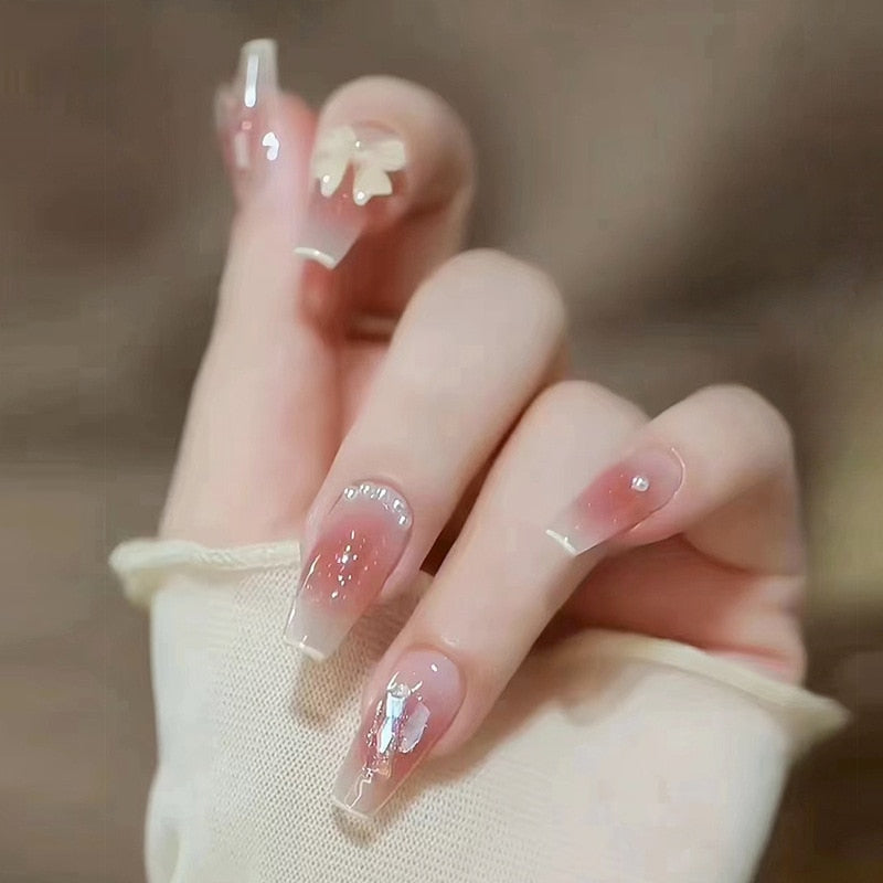 24pcs Butterfly decorated false nails Removable Long Paragraph Manicure fake nail tips full cover acrylic for girls nail