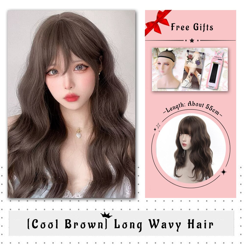 Brown Black Gold Wool Roll Synthetic Wig For Women Long Roll Wig Bangs Cosplay Party Heat Resistant Hair