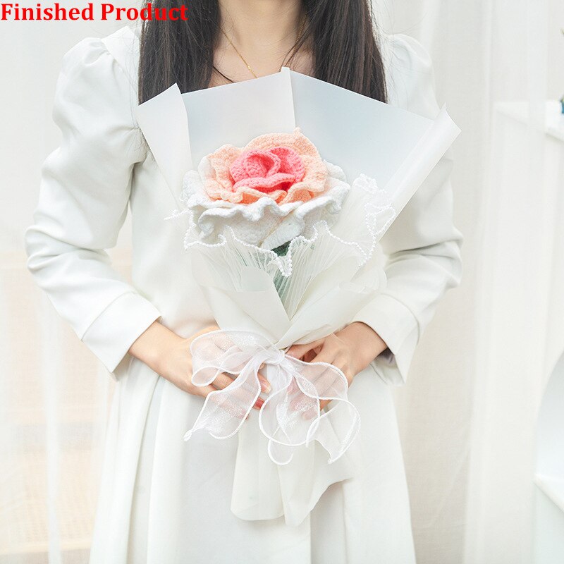 Knitting Flowers Rose Tulip Artificial Fake Flowers Bouquet Wedding Decoration Hand-woven Home Decorate Knit Fake Flower Gifts