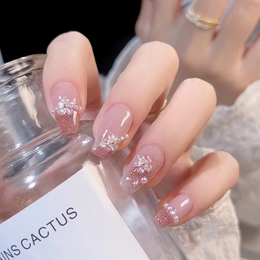 24pcs Butterfly decorated false nails Removable Long Paragraph Manicure fake nail tips full cover acrylic for girls nail
