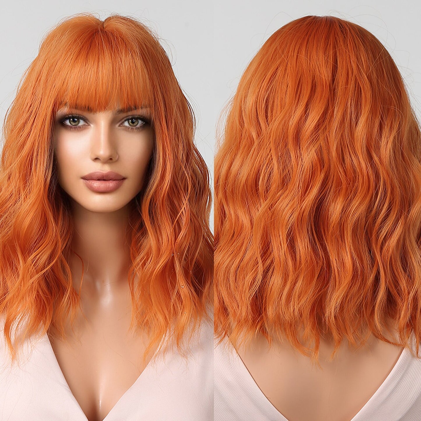 Blobde Ombre Short Bob Synthetic Wavy Wig with Bangs Shoulder Length Wigs for Women Natural Cosplay Hair Heat Resistant