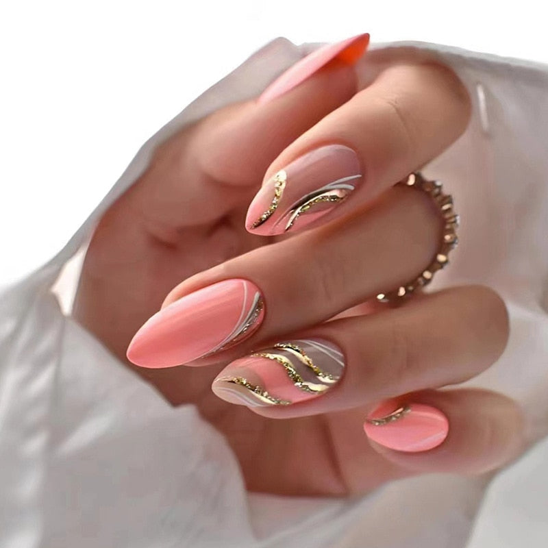 24pcs Almond Full Cover y2k black Sweet Fake Nails with glue cool Stiletto press on nails French artificial Nails With designs