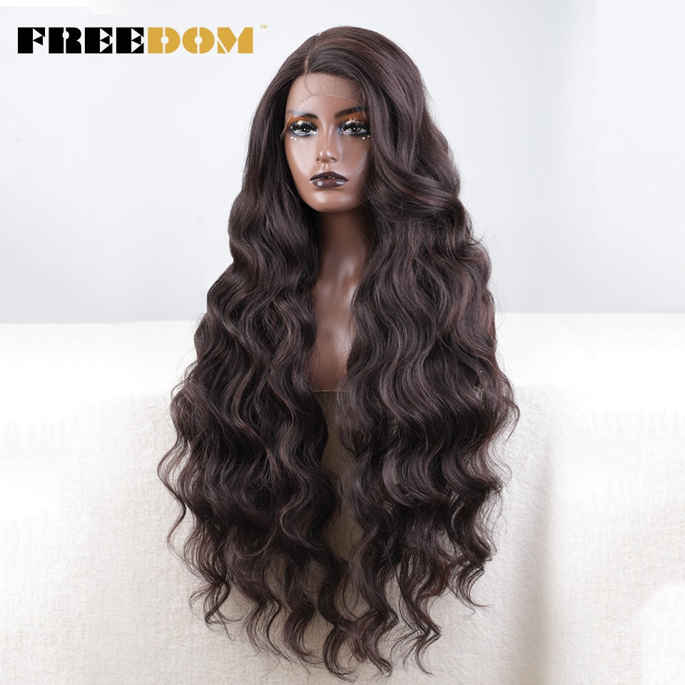 Synthetic Lace Wigs For Black Women Super Long Body Wavy Side Part Lace Wig Brown Ombre Blue Cosplay Wigs Heat Resistant