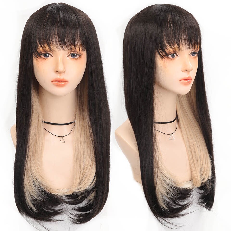 Long straight hair synthetic wig girl pink white gradient bangs cosplay Lolita party heat-resistant wigs