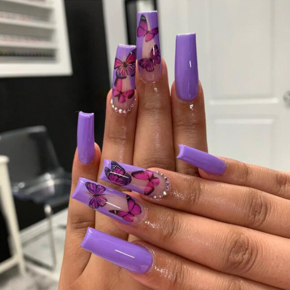 24Pcs Wearable False Nails with glue Long Ballerina Pink Press On Nails French Full Cover Coffin Fake Nails tip with rhinestones