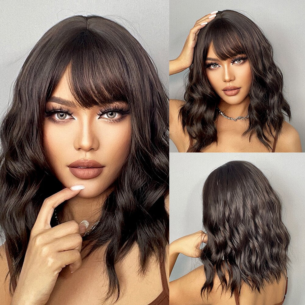 Grey Wavy Bob Wigs With Bangs Short Blonde Wavy Bob With Dark Roots