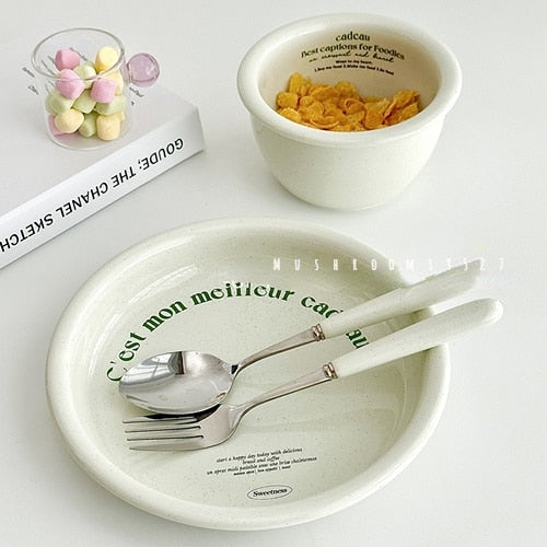 Milk Green Ceramic Tableware Vintage Home Salad Bowl Breakfast Plate Senior Sense of One Person Food Bowl Plate Set