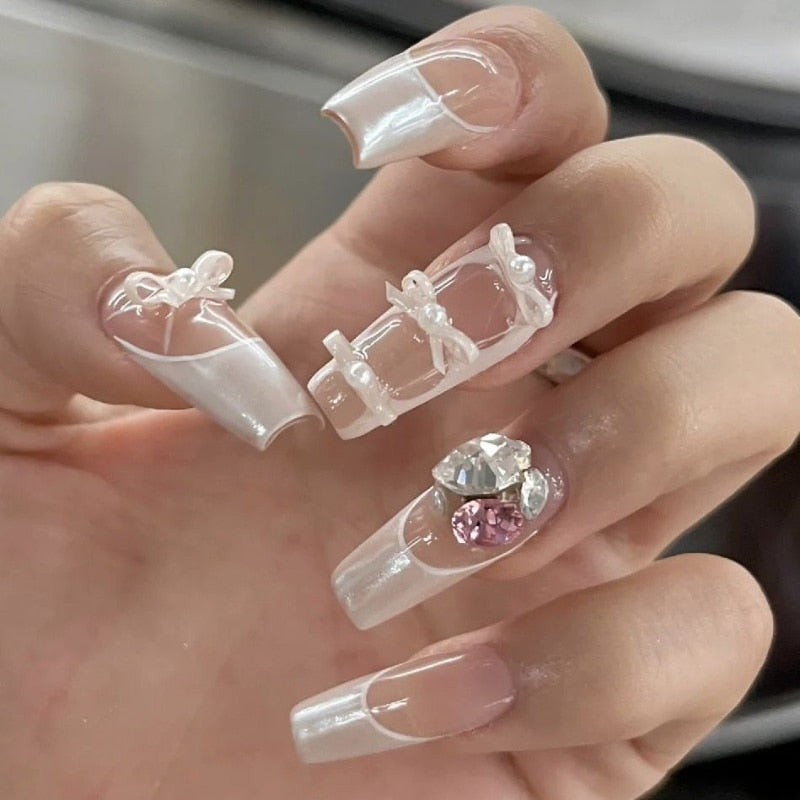 10 Piece For Set White Bow French Style fake nail patch Fairy Dreamy Cute Long T False Nail Art Finished Press On Wearable Nail