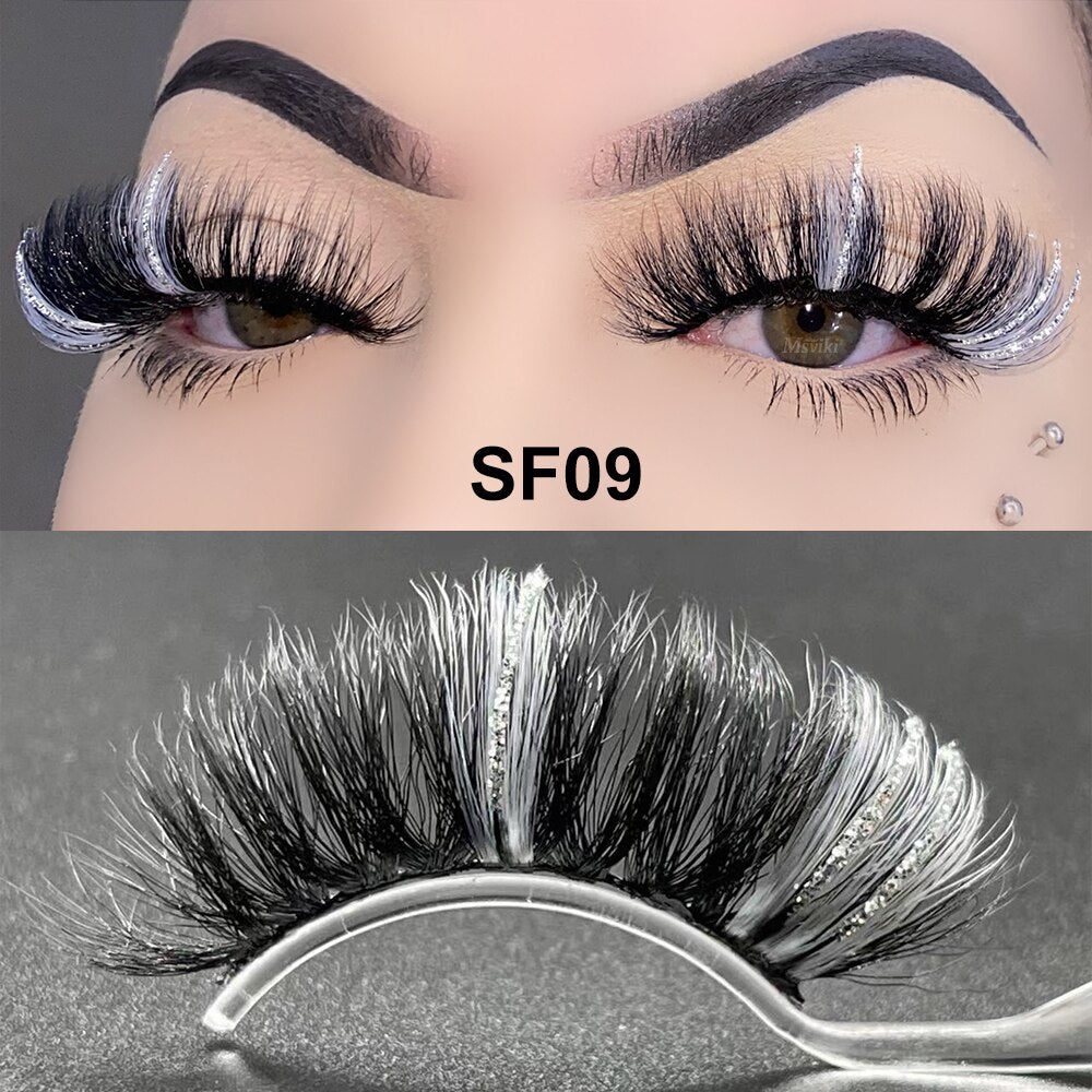 5D Fluffy 18-22MM Glitter Mink Lashes 1 Pair Party Colored Mink Eyelashes Box Package Rainbow Pink White Fake Eyelashes