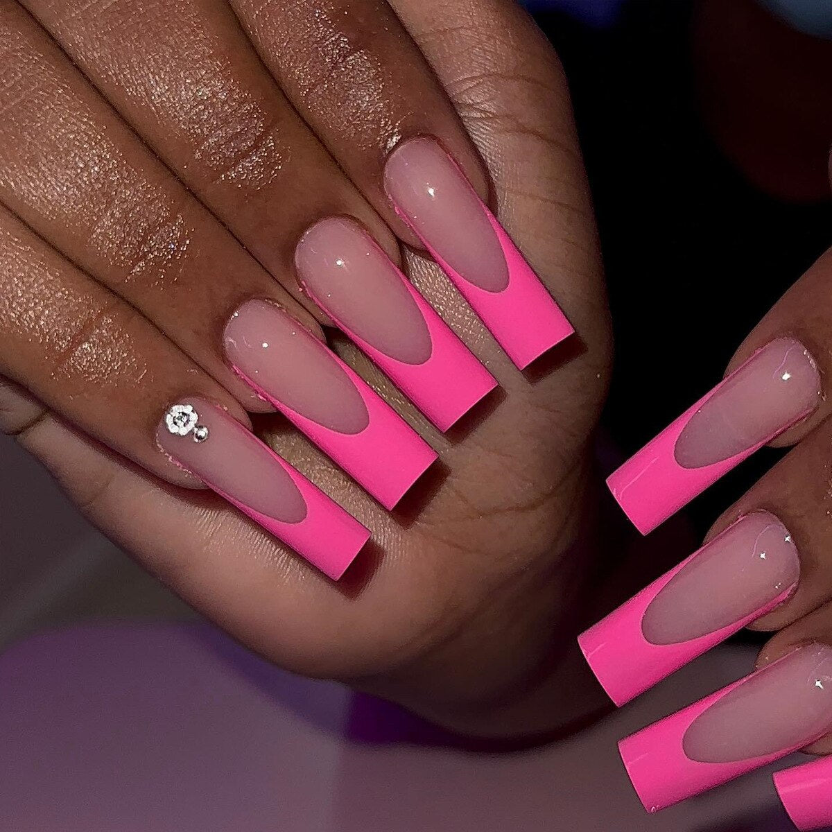 24Pcs Wearable False Nails with glue Long Ballerina Pink Press On Nails French Full Cover Coffin Fake Nails tip with rhinestones