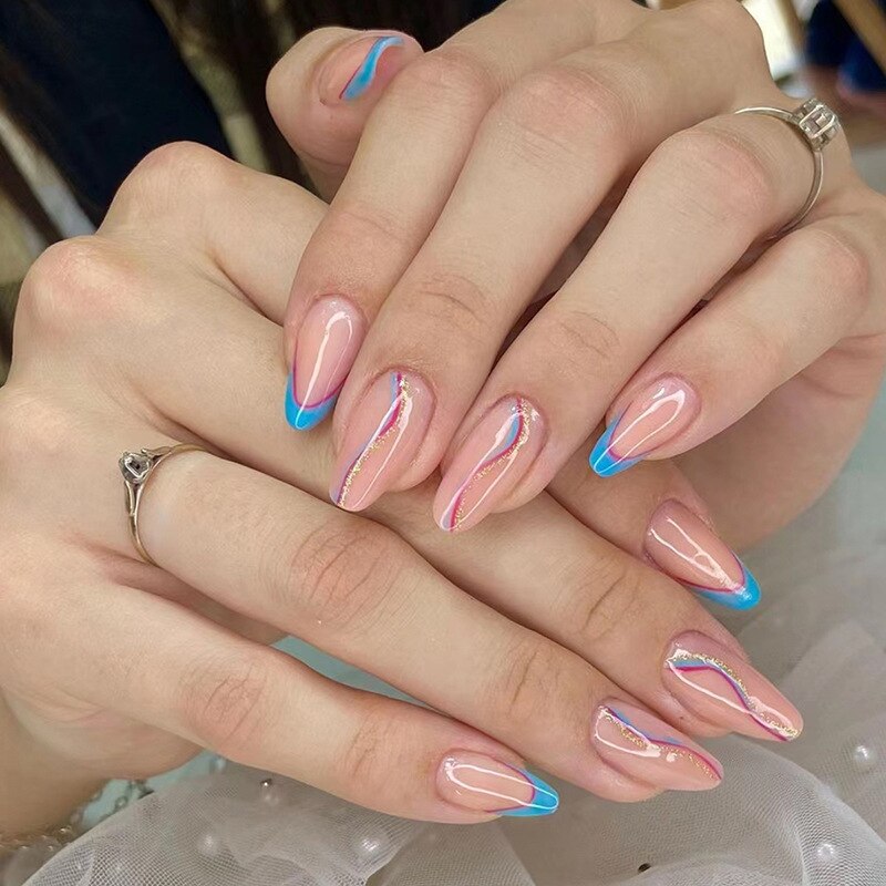 24pcs Almond Full Cover y2k black Sweet Fake Nails with glue cool Stiletto press on nails French artificial Nails With designs