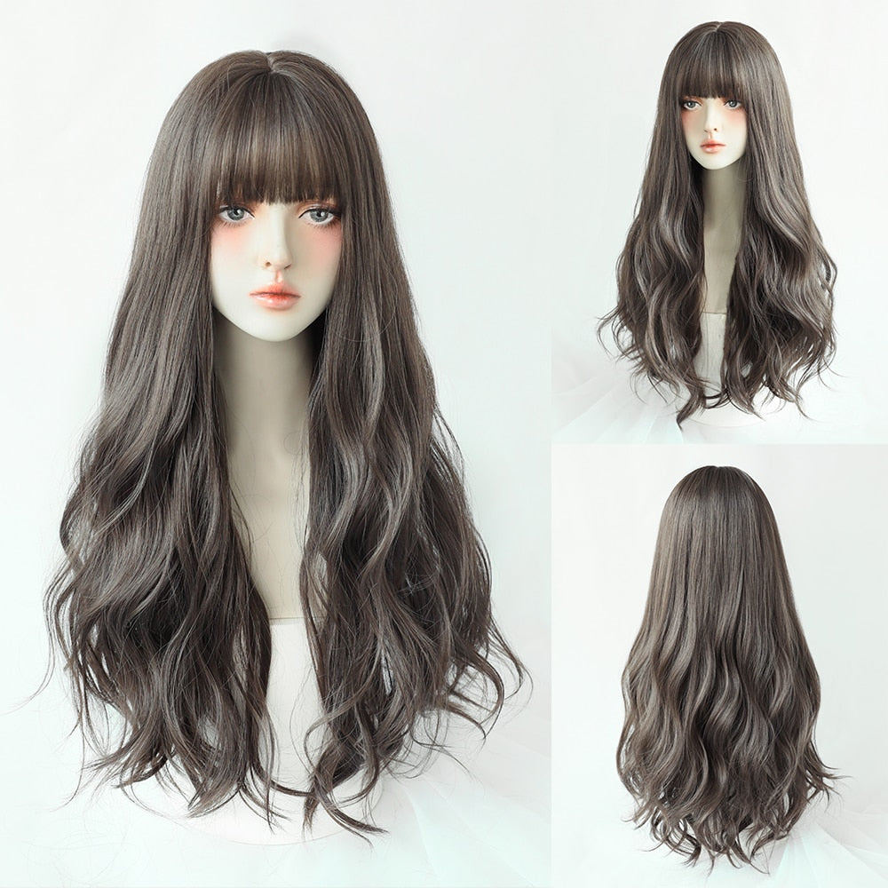Long Curly Hair Women Wig with Bangs Daily Brown Black Pink Lolita Cosplay Braided Wigs Heat Resistant Fiber