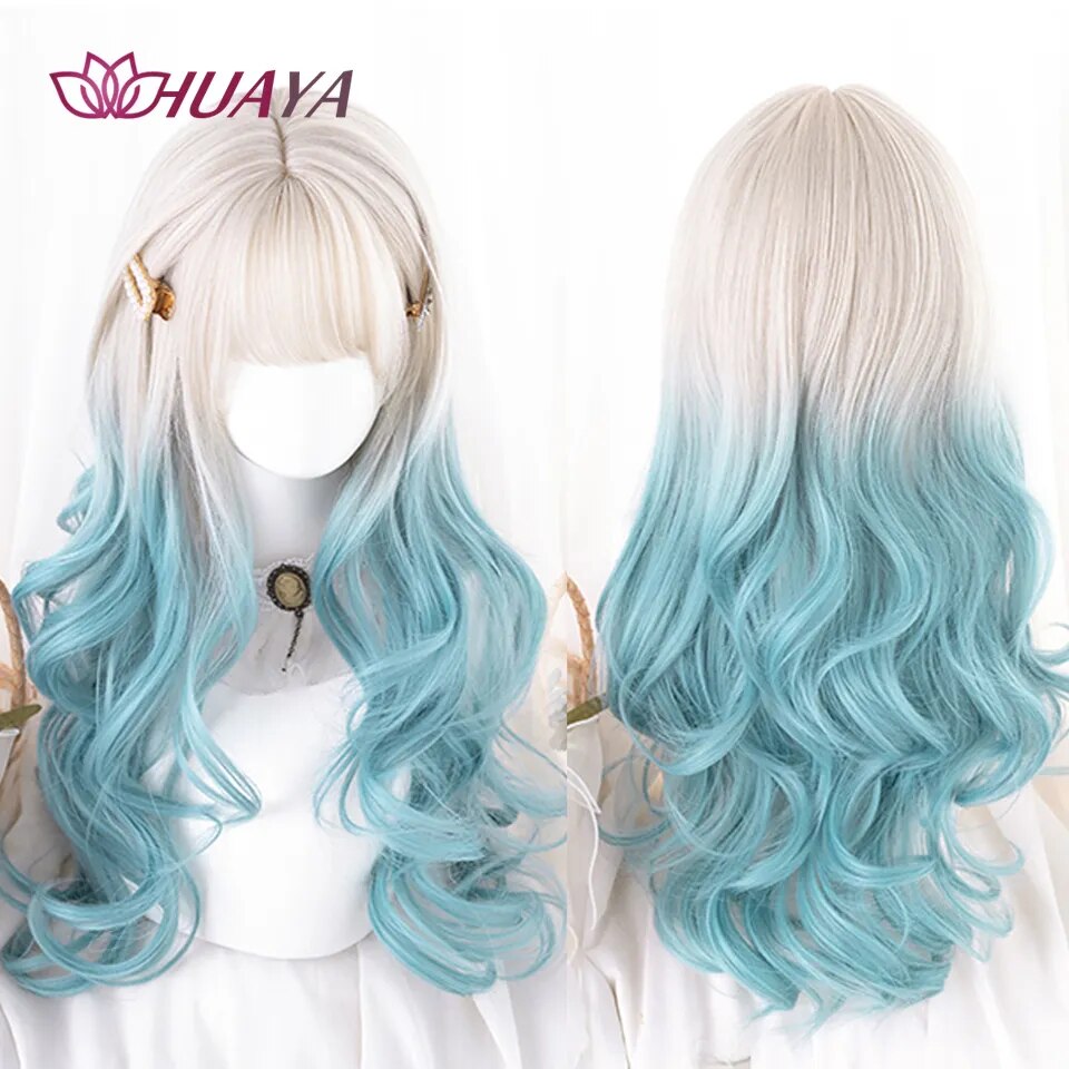 Long Straight Wig with Bangs Purple-White Heat Resistant Synthetic Hair Wigs for African American Girl Lolita Cosplay Wig