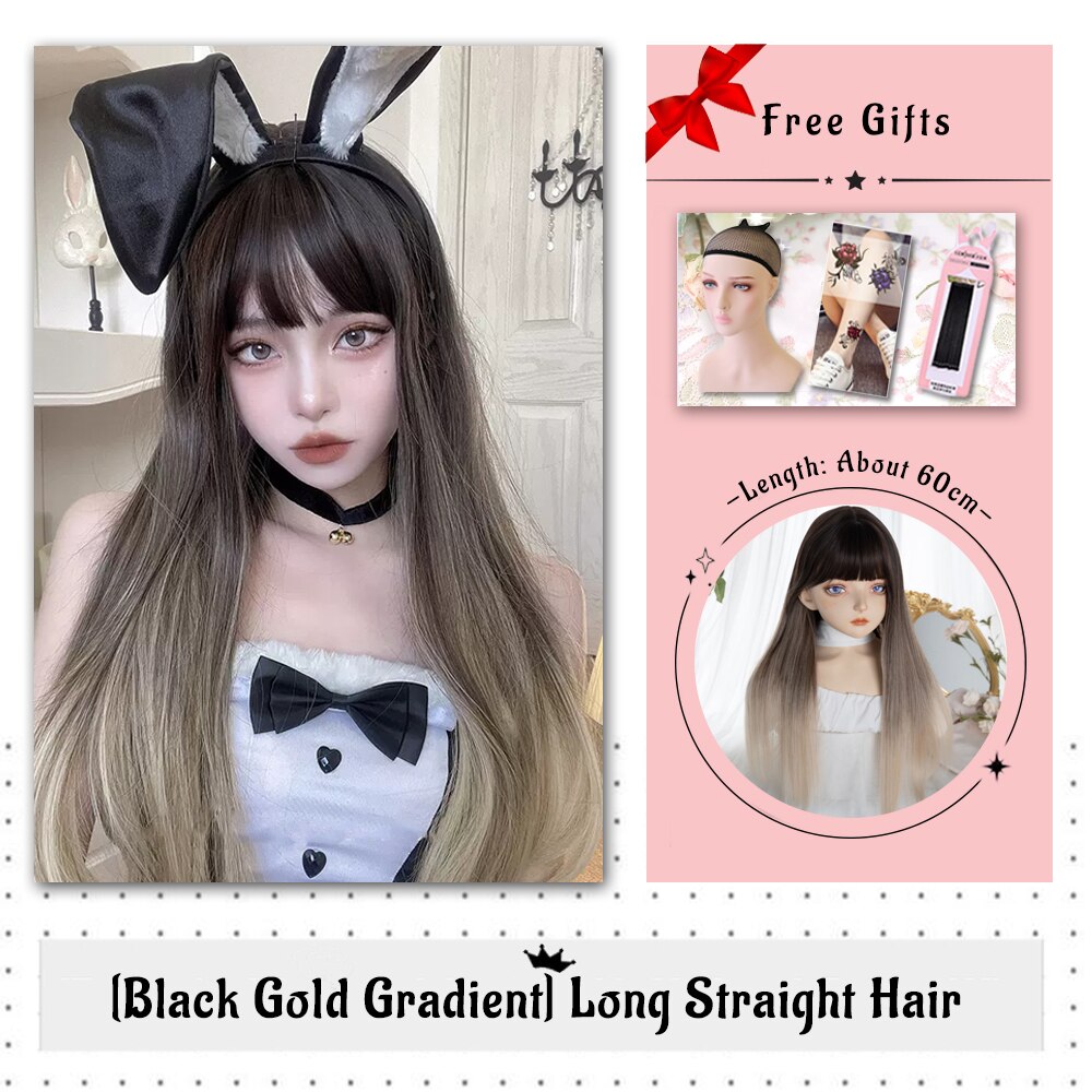 Brown Black Gold Wool Roll Synthetic Wig For Women Long Roll Wig Bangs Cosplay Party Heat Resistant Hair