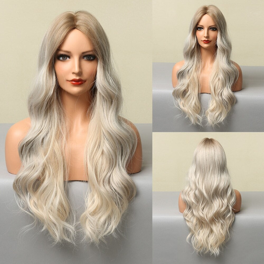 Brown to Light Blonde Ombre Platinum Synthetic Wig for Women Long Wavy Middle Part Hair Wig Cosplay Natural Heat Resistant