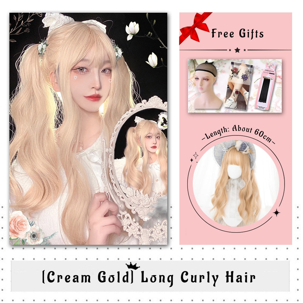 Brown Black Gold Wool Roll Synthetic Wig For Women Long Roll Wig Bangs Cosplay Party Heat Resistant Hair