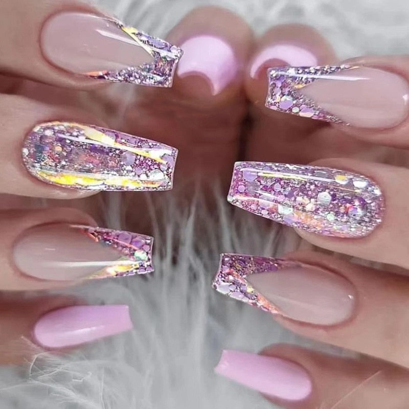 24Pcs Wearable False Nails with glue Long Ballerina Pink Press On Nails French Full Cover Coffin Fake Nails tip with rhinestones