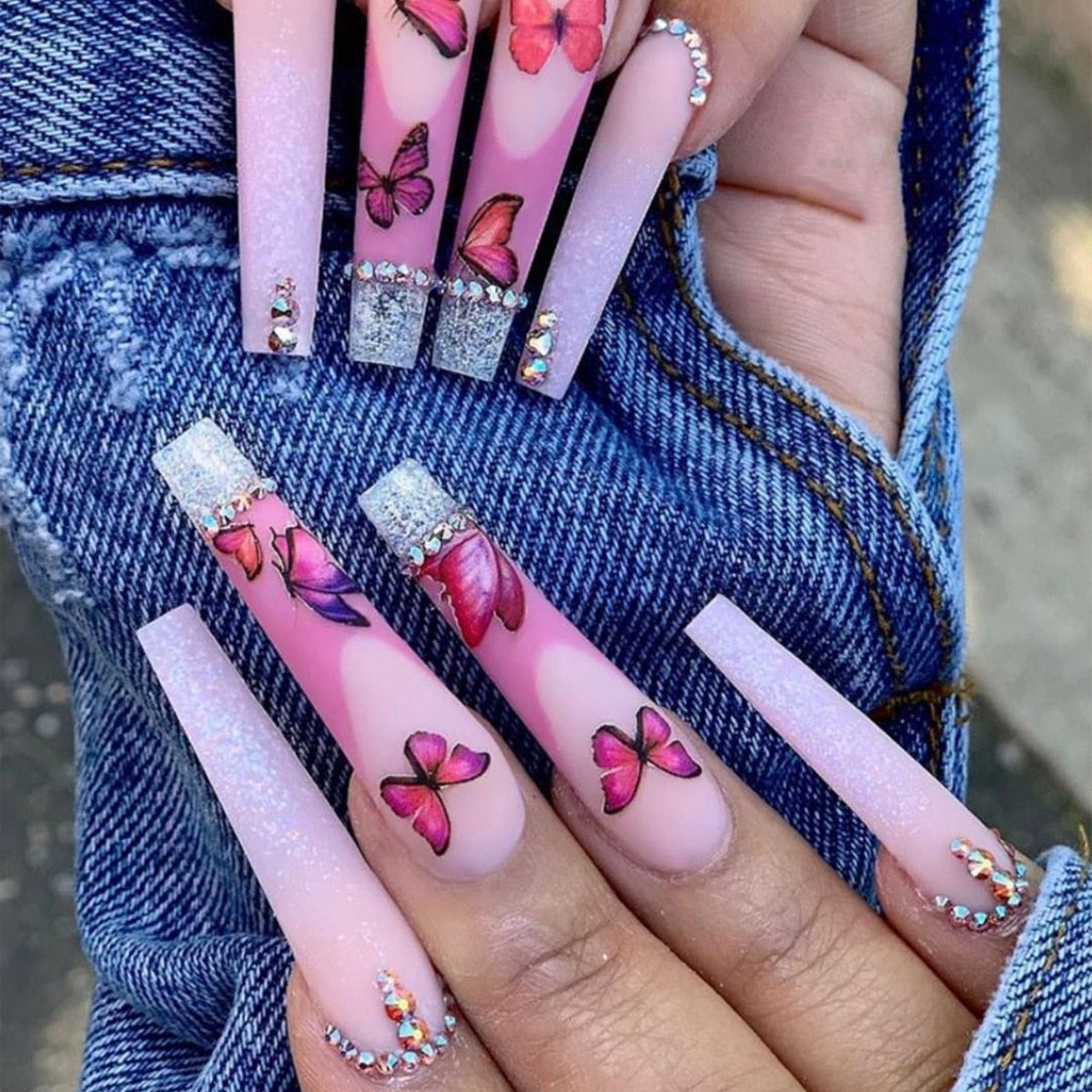24Pcs Wearable False Nails with glue Long Ballerina Pink Press On Nails French Full Cover Coffin Fake Nails tip with rhinestones
