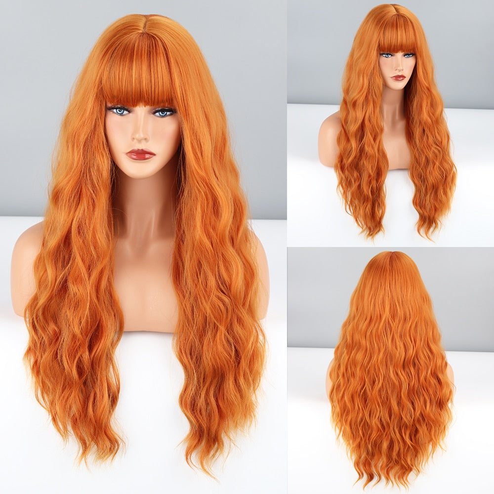 Long Wavy Green Synthetic Wig Women's Heat-Resistant Natural Half Part Cosplay Party Lolita Red Black Pink Wig