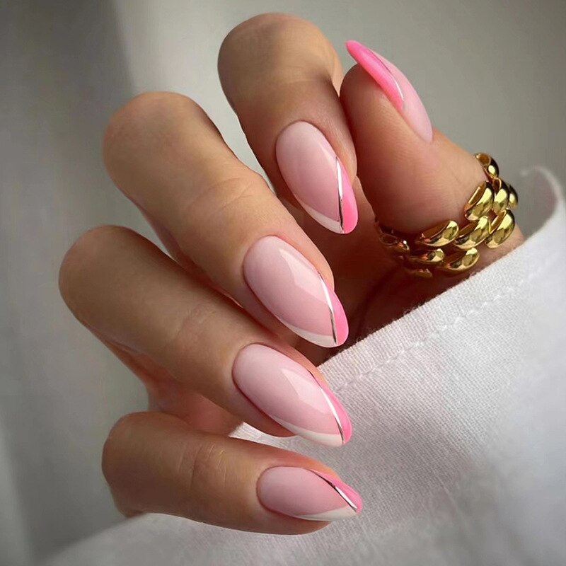 24pcs Almond Full Cover y2k black Sweet Fake Nails with glue cool Stiletto press on nails French artificial Nails With designs