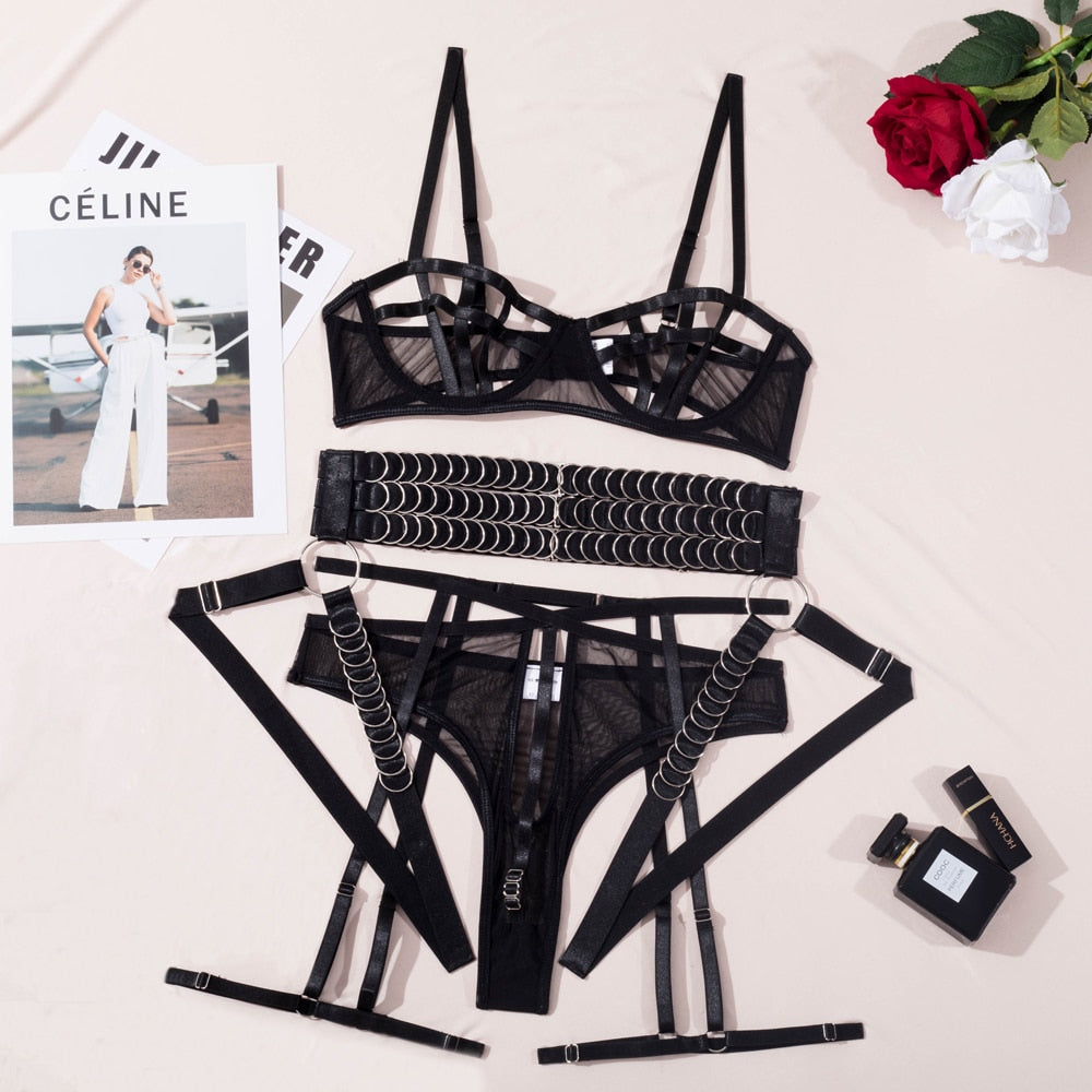Sensual Lingerie Hollow Bra Sexy Underwear Women Body Garter Belt With Rings Naked Without Censorship 3-Piece