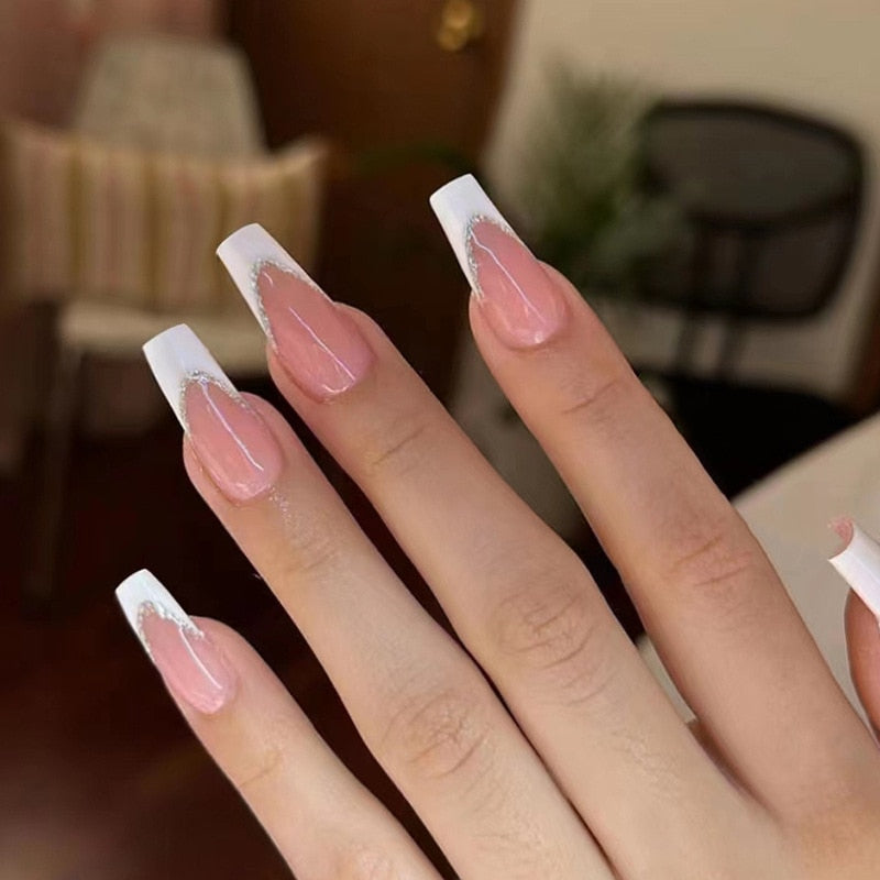 24Pcs Wearable False Nails with glue Long Ballerina Pink Press On Nails French Full Cover Coffin Fake Nails tip with rhinestones