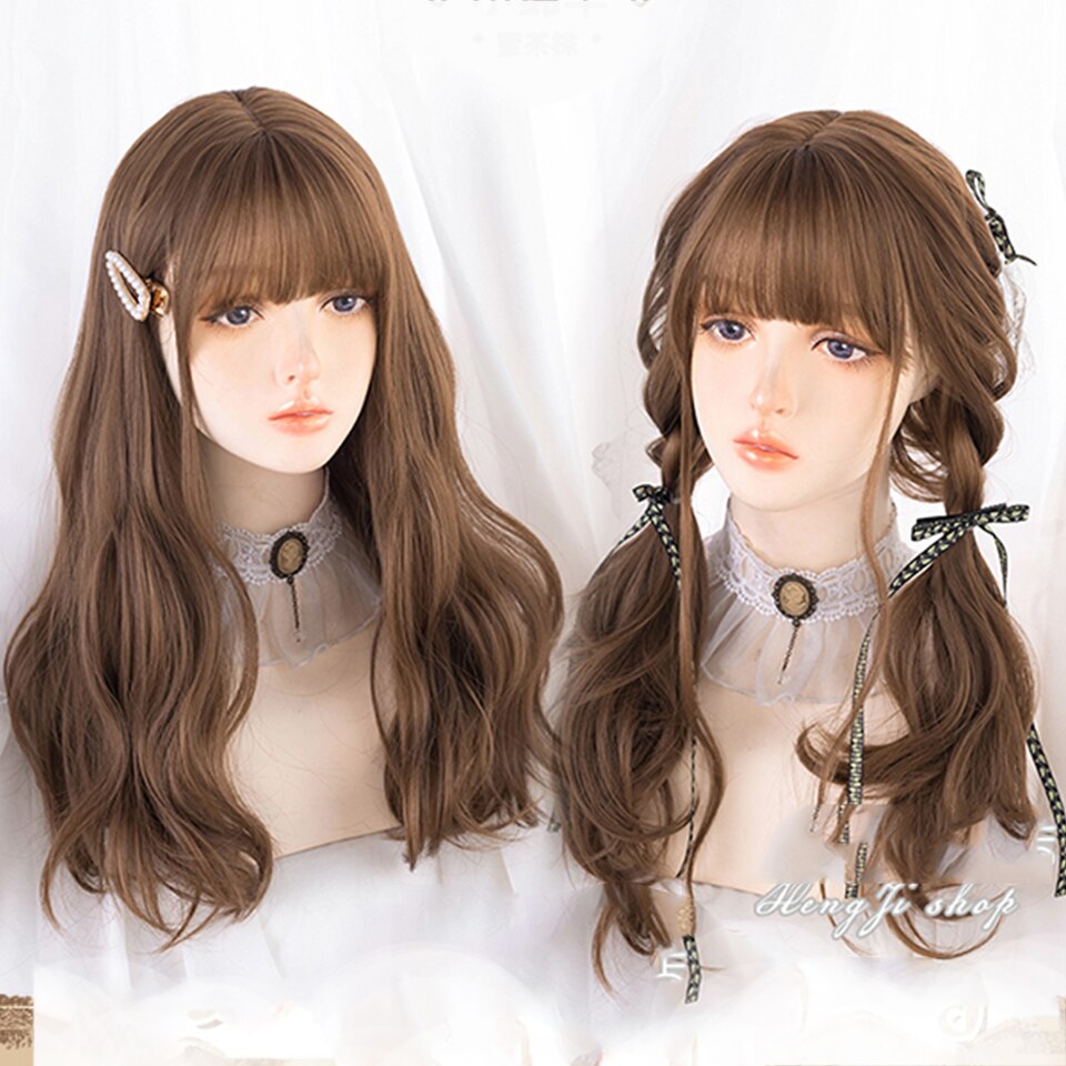 Synthetic long wavy curly hair female cold brown black cosplay Lolita pink purple blue wig heat-resistant bangs