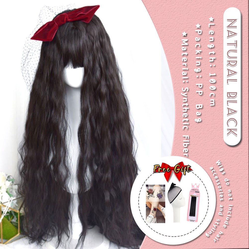 Extra Long Curly Hair with Bangs Cosplay Party Lolita Synthetic Wigs Heat Resistant Fiber