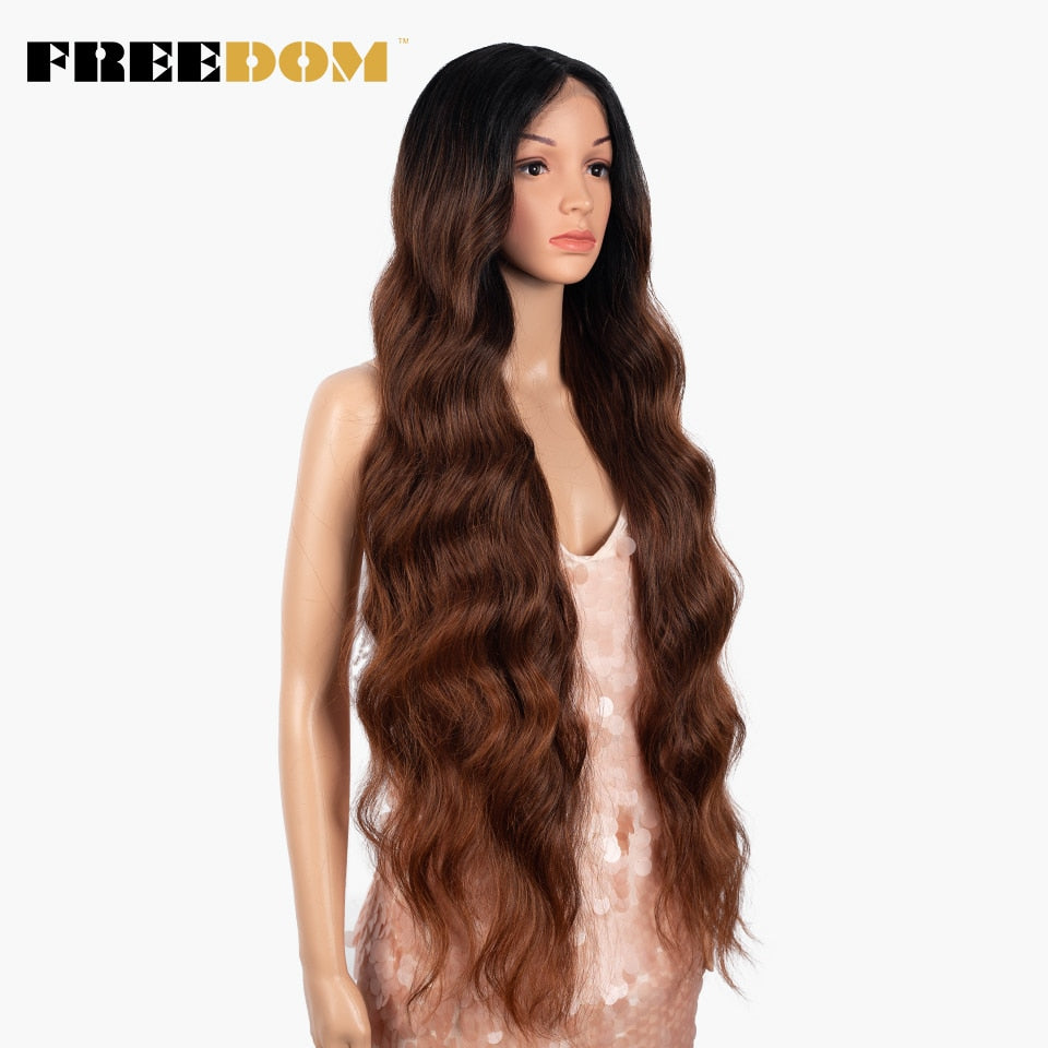Synthetic Lace Front Wigs For Women 36 inch Super Long Body Wavy Lace Wig Brown Ombre Pink Cosplay Wigs Heat Resistant
