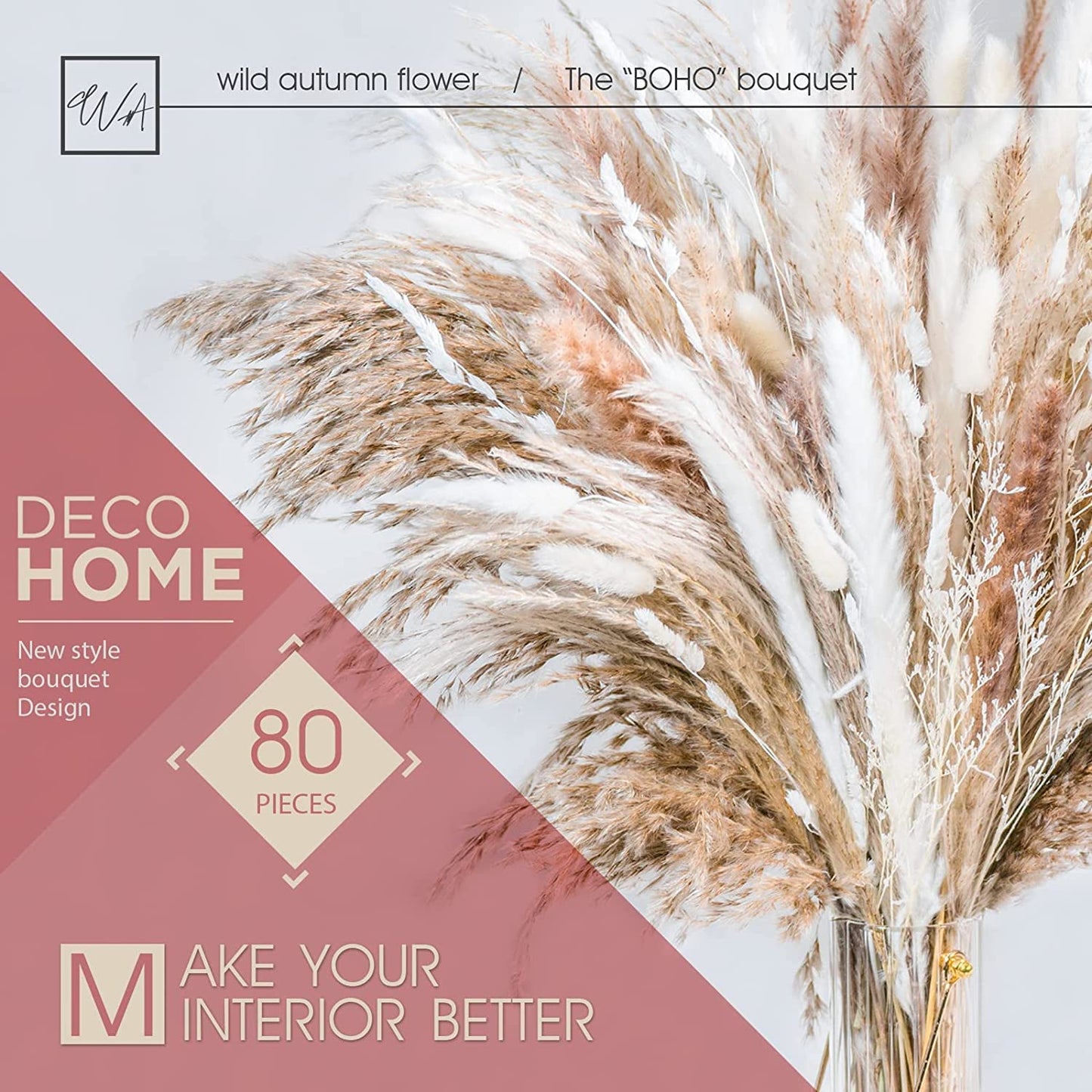 80PCS Natural Dried Pampa Grass Bouquet Boho Home Decor Bouquet Phragmites Dried Flowers Bouquet for Wedding Ramadan Decoration