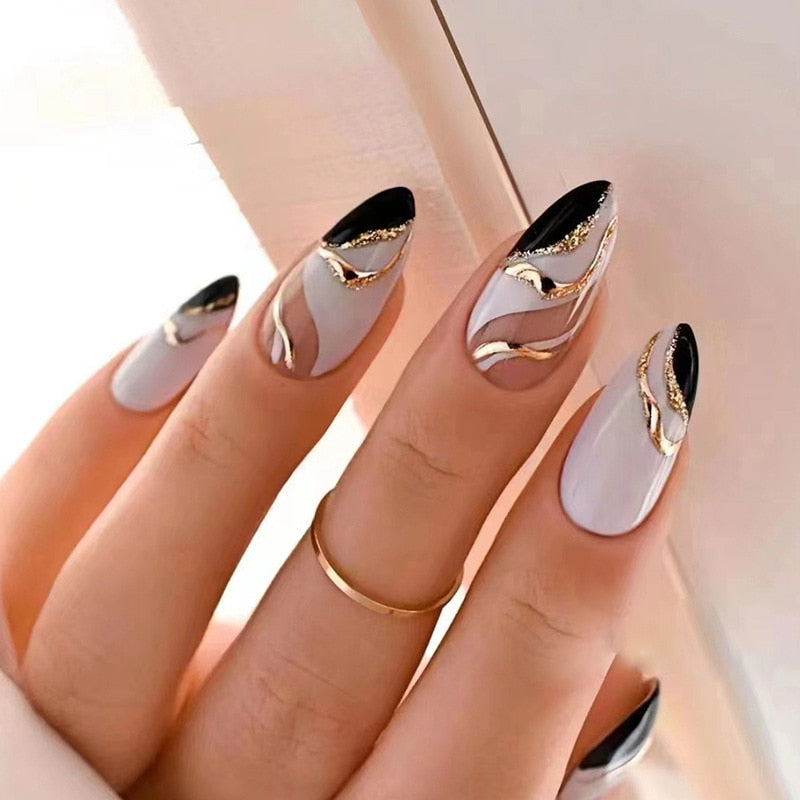 24pcs Almond Full Cover y2k black Sweet Fake Nails with glue cool Stiletto press on nails French artificial Nails With designs