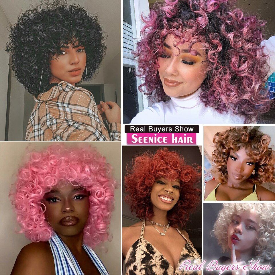 Short Hair Afro Kinky Curly Wigs With Bangs For Black Women Fluffy Synthetic African Ombre Glueless Cosplay Natural Brown Wigs